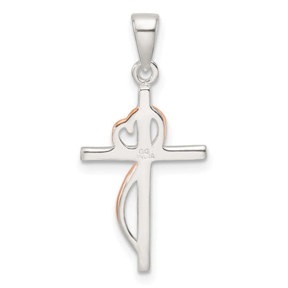 Sterling Silver Rose-Tone Polished CZ Heart Cross Pendant