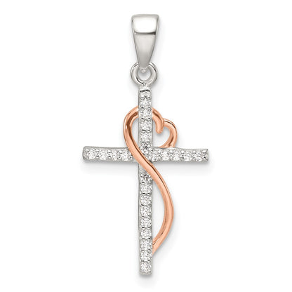Sterling Silver Rose-Tone Polished CZ Heart Cross Pendant