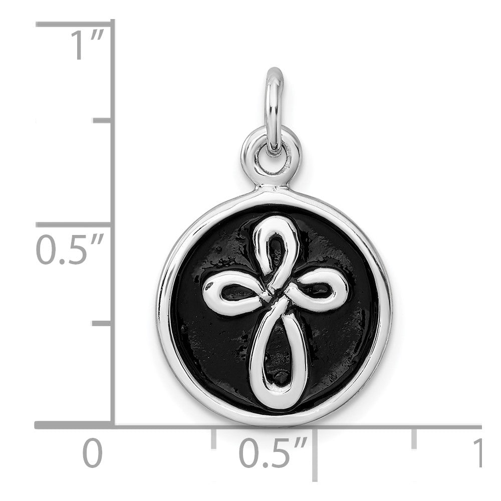 Sterling Silver Rhodium-Plated Antiqued Round Cross Pendant