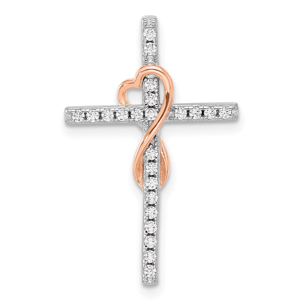 Sterling Silver Rhodium Plated Rose-Tone CZ Cross/heart Infinity Chain Slide