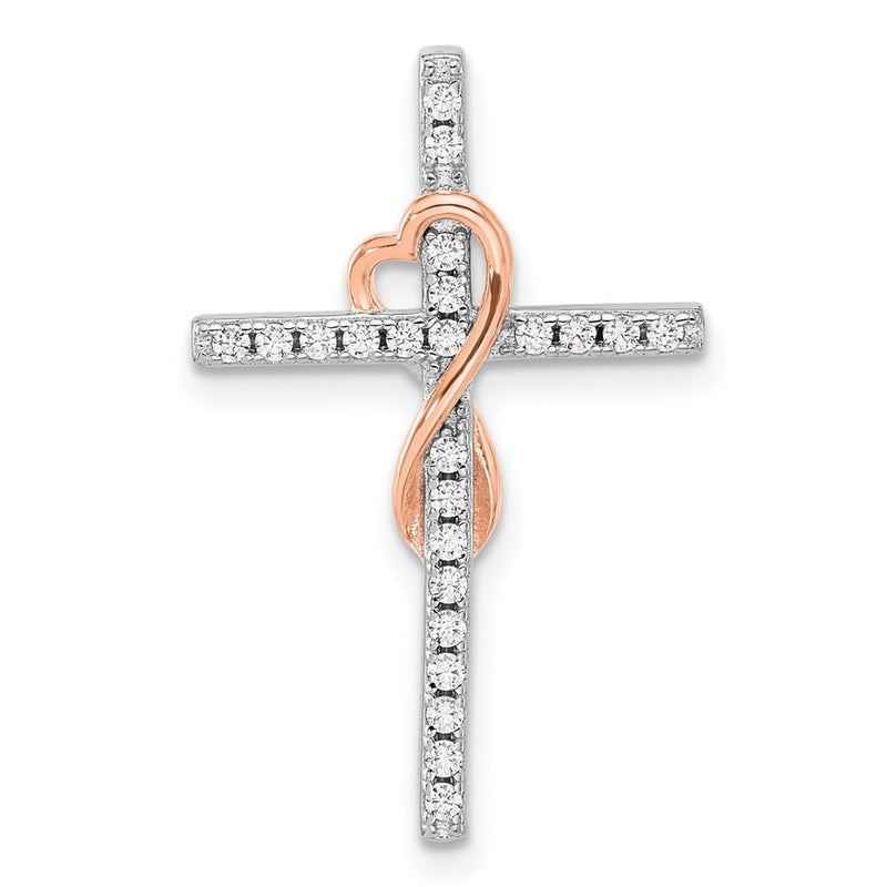 Sterling Silver Rhodium Plated Rose-Tone CZ Cross/heart Infinity Chain Slide