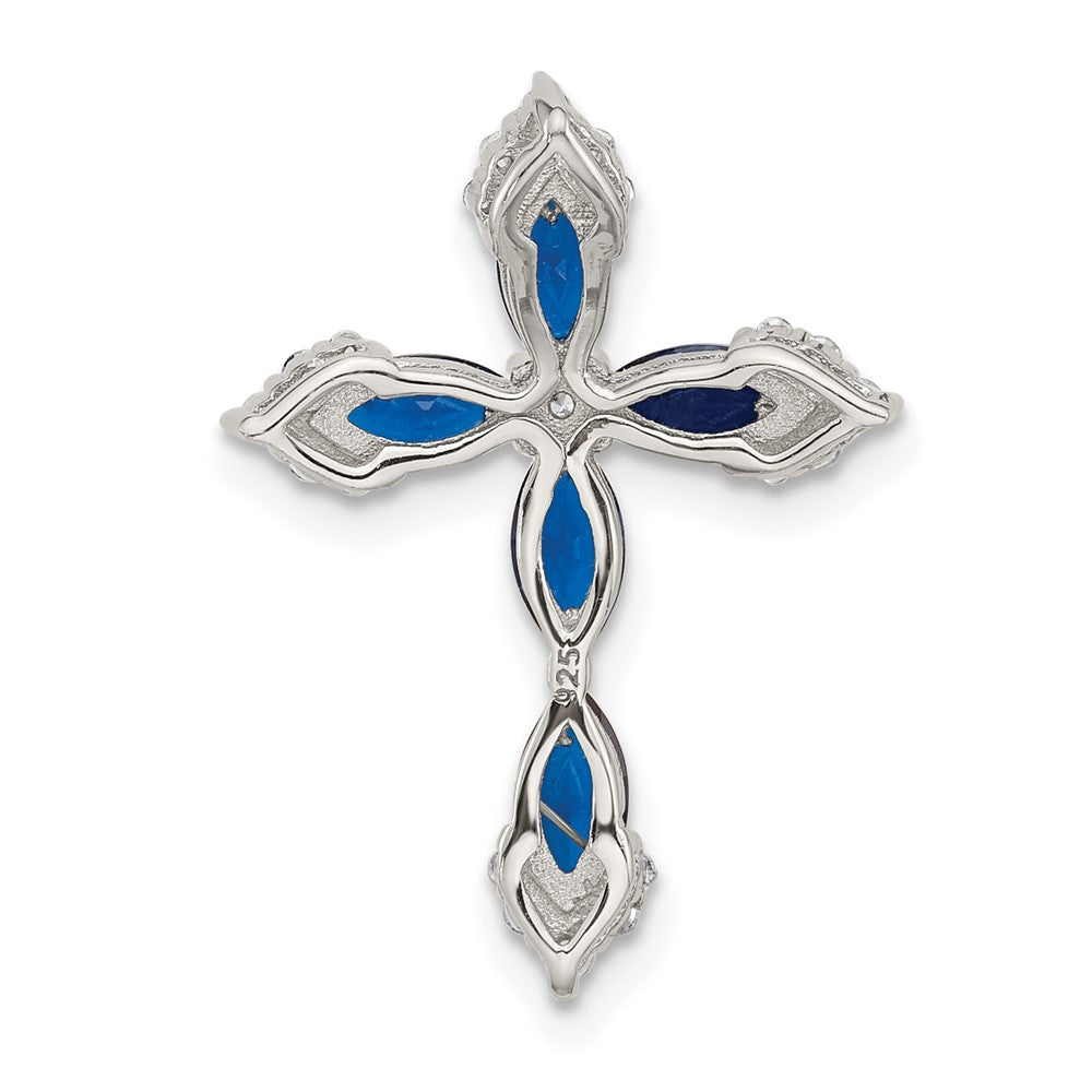 Sterling Silver Flash Platinum-Plated Synthetic Blue Spinel and CZ Cross Chain