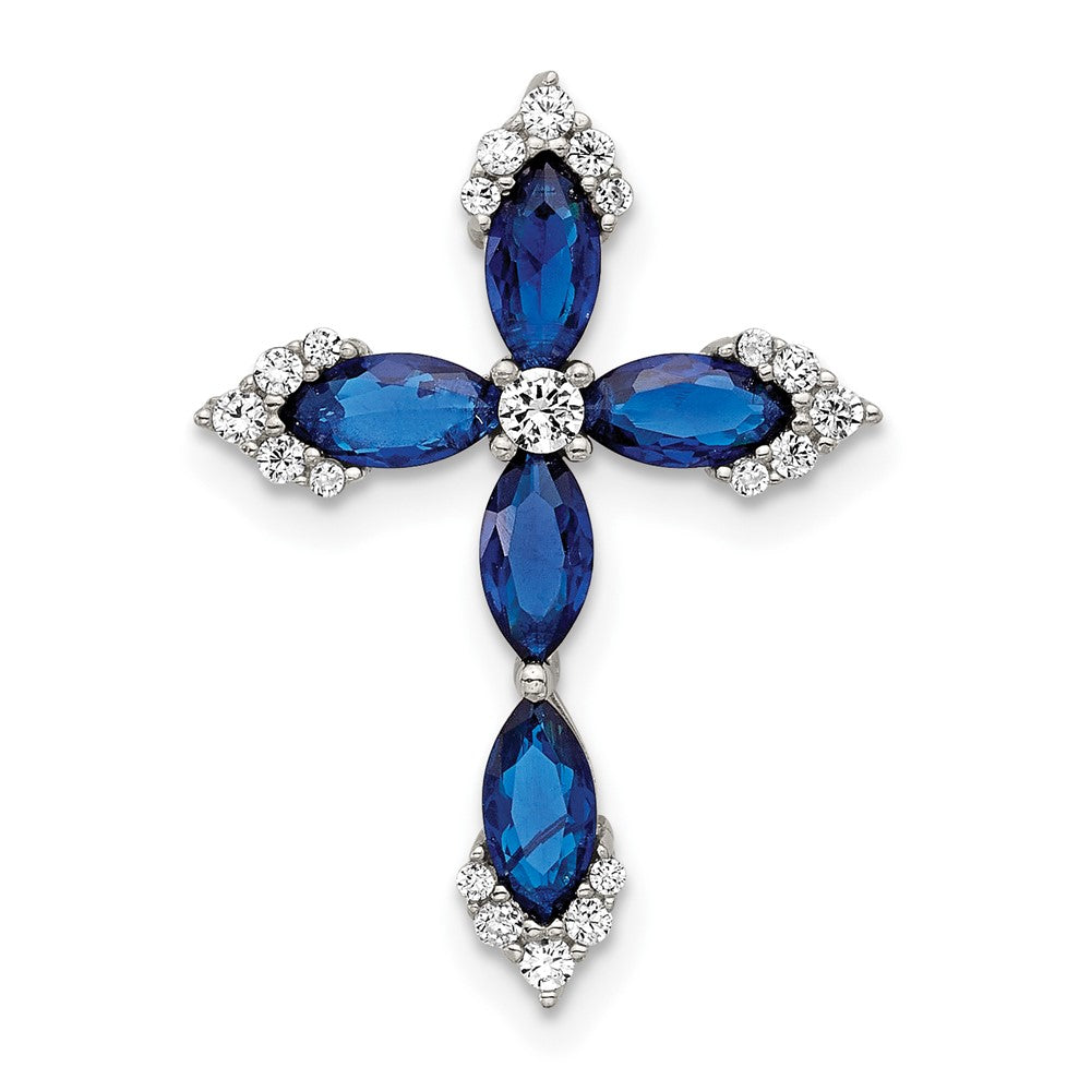 Sterling Silver Flash Platinum-Plated Synthetic Blue Spinel and CZ Cross Chain