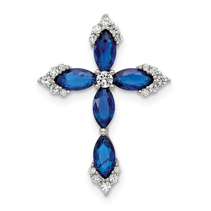 Sterling Silver Flash Platinum-Plated Synthetic Blue Spinel and CZ Cross Chain