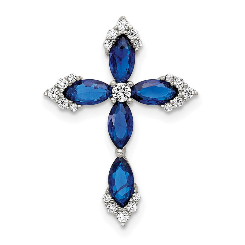 Sterling Silver Flash Platinum-Plated Synthetic Blue Spinel and CZ Cross Chain