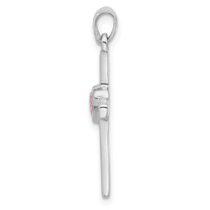 Sterling Silver Rhodium-Plated Pink Heart CZ Cross Pendant