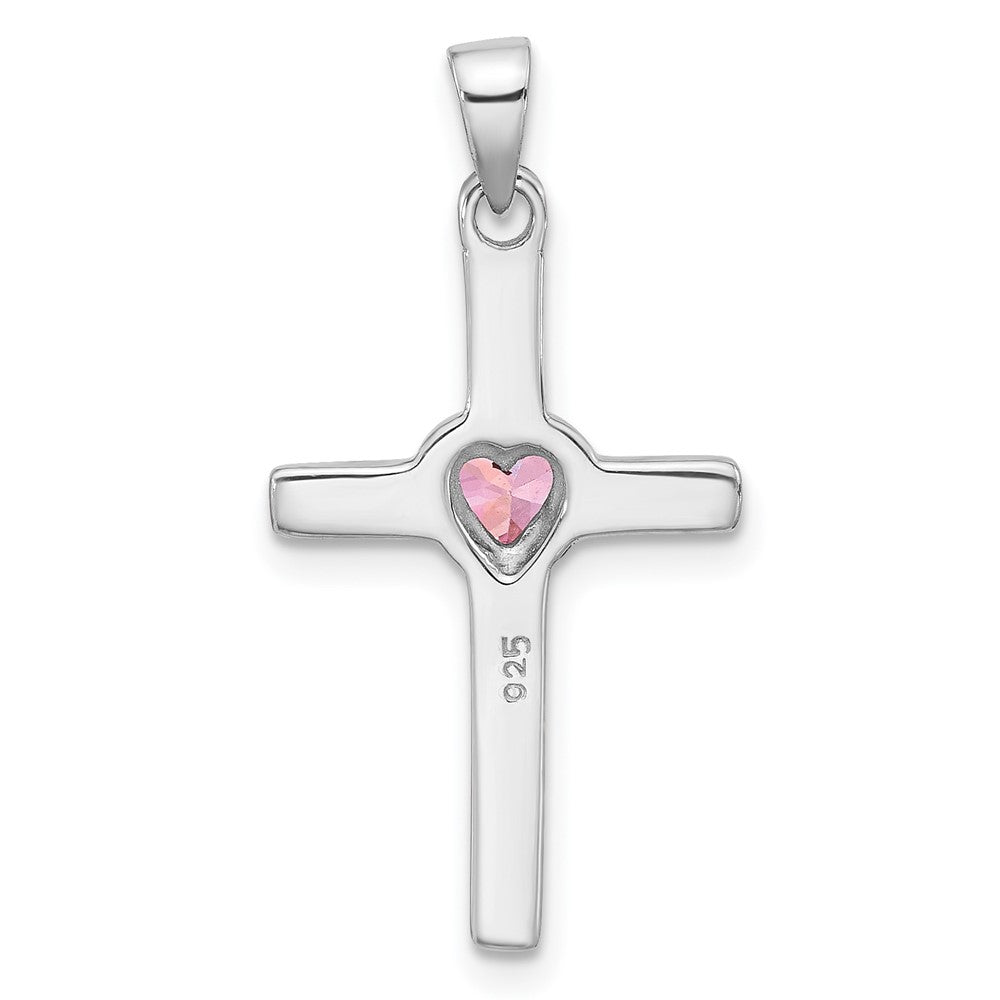Sterling Silver Rhodium-Plated Pink Heart CZ Cross Pendant