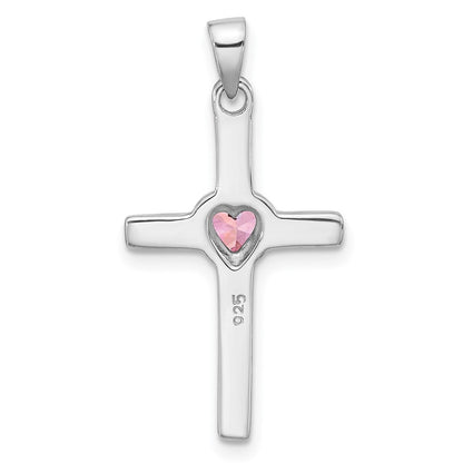Sterling Silver Rhodium-Plated Pink Heart CZ Cross Pendant