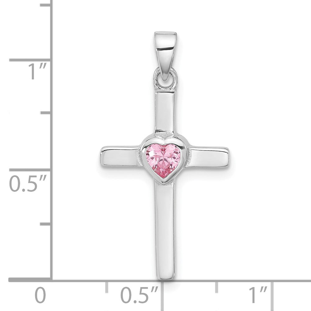 Sterling Silver Rhodium-Plated Pink Heart CZ Cross Pendant