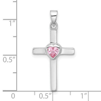 Sterling Silver Rhodium-Plated Pink Heart CZ Cross Pendant