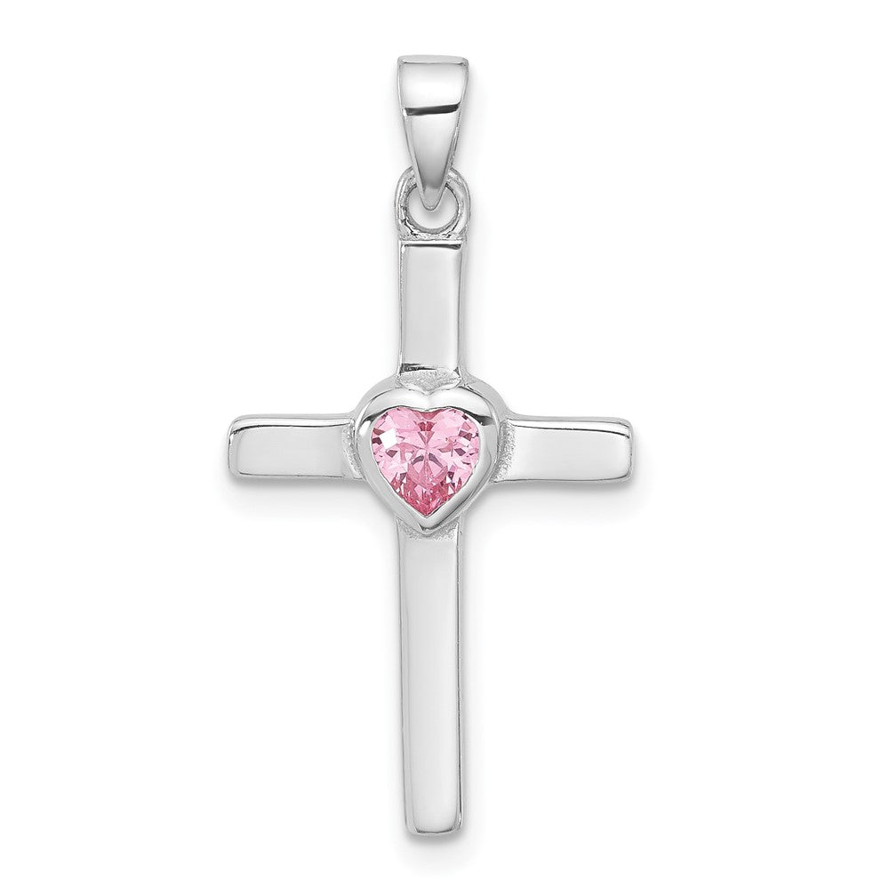 Sterling Silver Rhodium-Plated Pink Heart CZ Cross Pendant