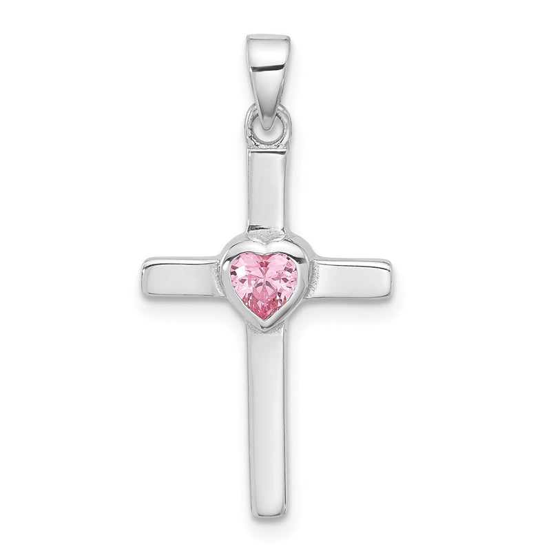 Sterling Silver Rhodium-Plated Pink Heart CZ Cross Pendant