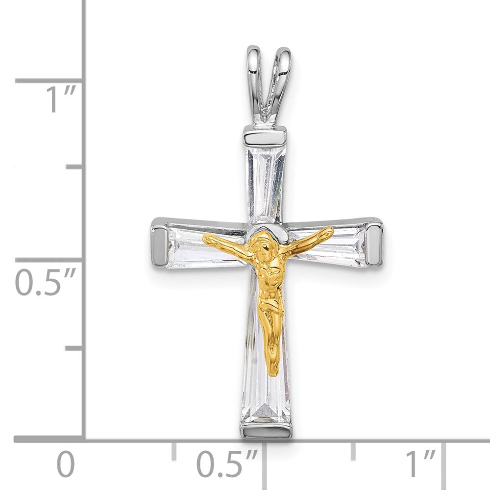 Sterling Silver Rhodium-Plated Gold-Tone CZ Crucifix Pendant