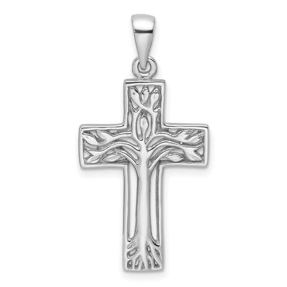Sterling Silver Rhodium-Plated Polished Cross with Tree Pendant