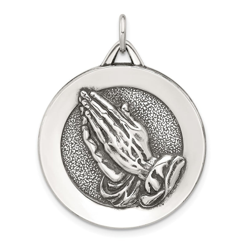 Sterling Silver Antiqued Solid Praying Hands Serenity Prayer Pendant