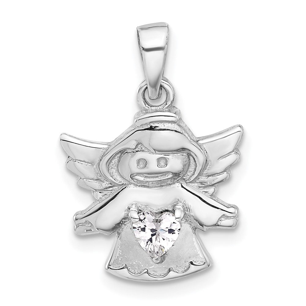 Sterling Silver Rhodium-Plated Heart CZ Angel Pendant