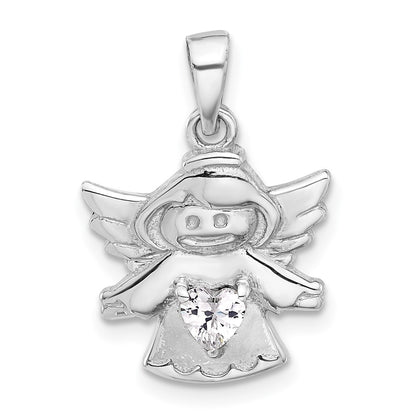 Sterling Silver Rhodium-Plated Heart CZ Angel Pendant