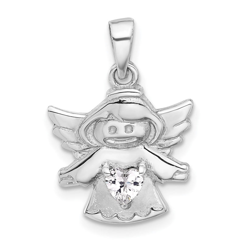 Sterling Silver Rhodium-Plated Heart CZ Angel Pendant