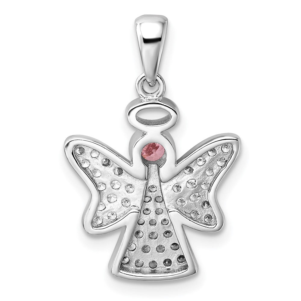 Sterling Silver Rhodium-Plated Pink and Clear CZ Angel Pendant
