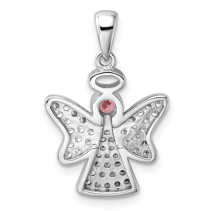 Sterling Silver Rhodium-Plated Pink and Clear CZ Angel Pendant