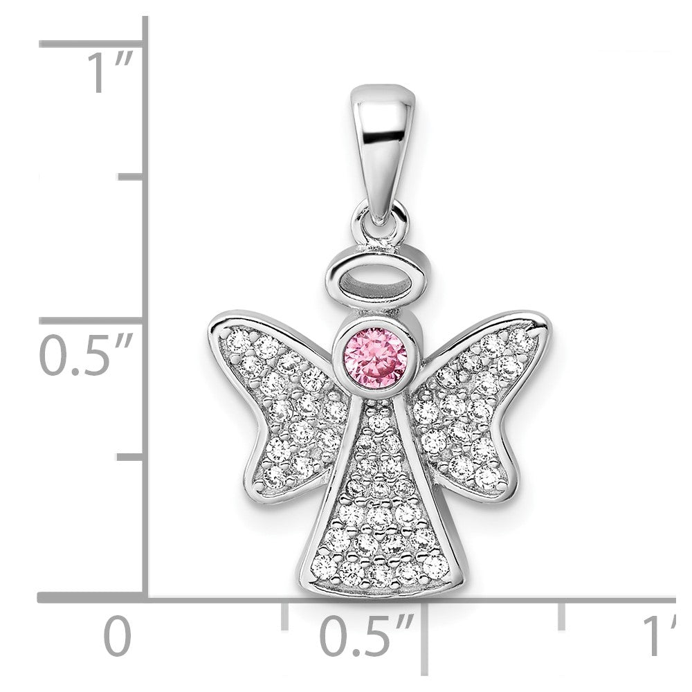 Sterling Silver Rhodium-Plated Pink and Clear CZ Angel Pendant