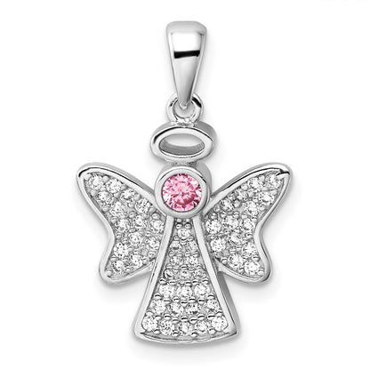Sterling Silver Rhodium-Plated Pink and Clear CZ Angel Pendant