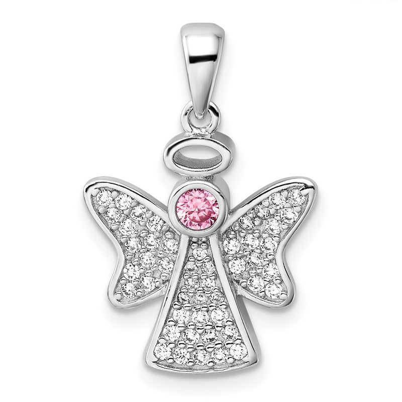 Sterling Silver Rhodium-Plated Pink and Clear CZ Angel Pendant