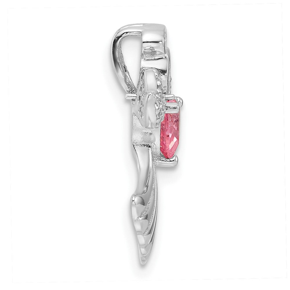 Sterling Silver Rhodium-Plated Pink and Clear CZ Angel Chain Slide Pendant