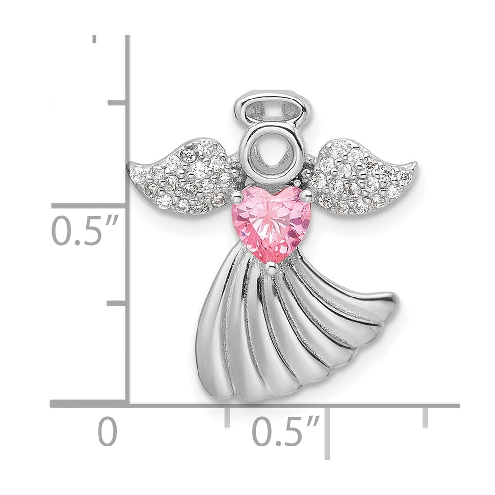 Sterling Silver Rhodium-Plated Pink and Clear CZ Angel Chain Slide Pendant