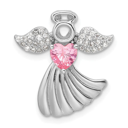 Sterling Silver Rhodium-Plated Pink and Clear CZ Angel Chain Slide Pendant