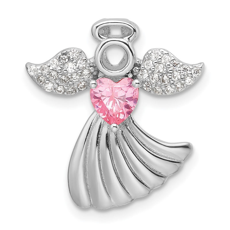 Sterling Silver Rhodium-Plated Pink and Clear CZ Angel Chain Slide Pendant