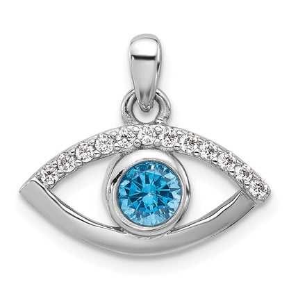 Sterling Silver Rhodium-Plated Blue Zircon and CZ Evil Eye Pendant