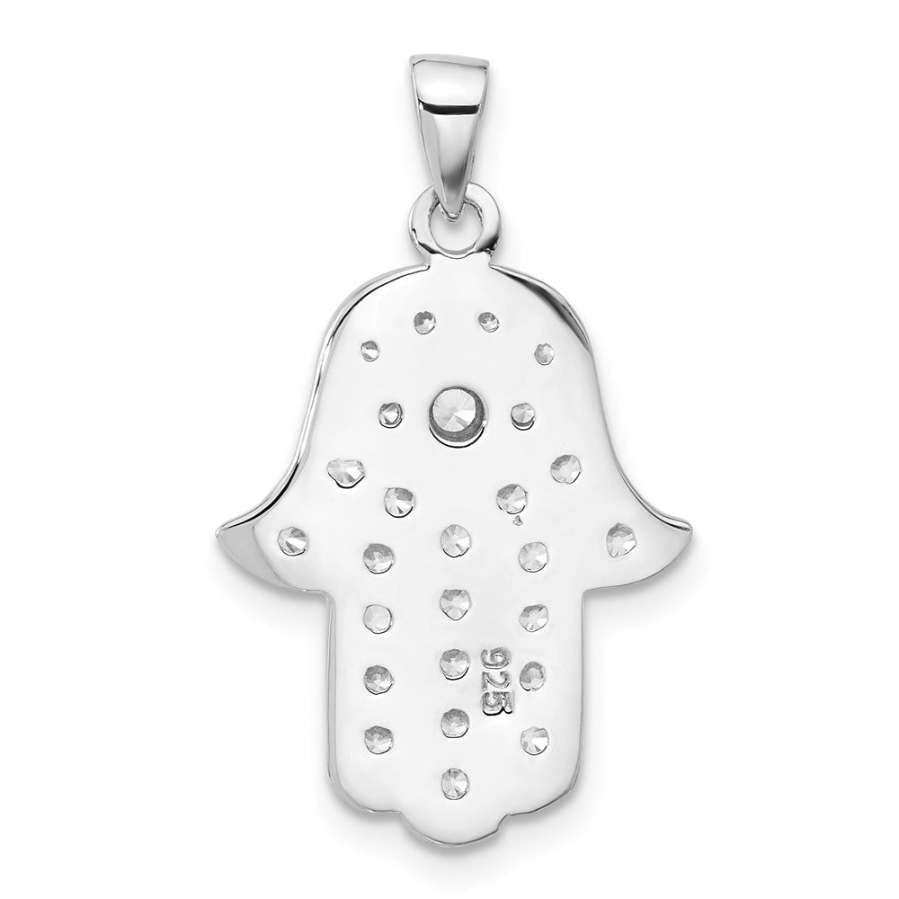 Sterling Silver Rhodium-Plated Blue and White CZ Hamsa Eye Pendant