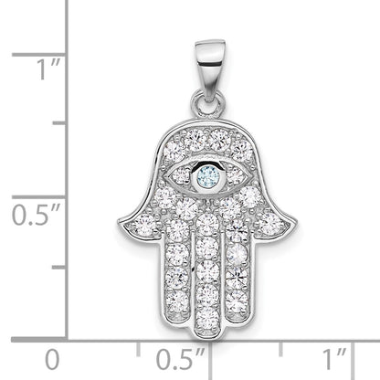 Sterling Silver Rhodium-Plated Blue and White CZ Hamsa Eye Pendant