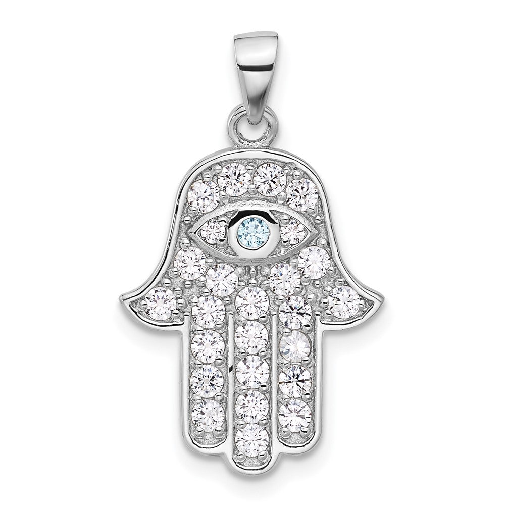 Sterling Silver Rhodium-Plated Blue and White CZ Hamsa Eye Pendant