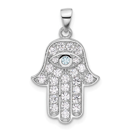 Sterling Silver Rhodium-Plated Blue and White CZ Hamsa Eye Pendant