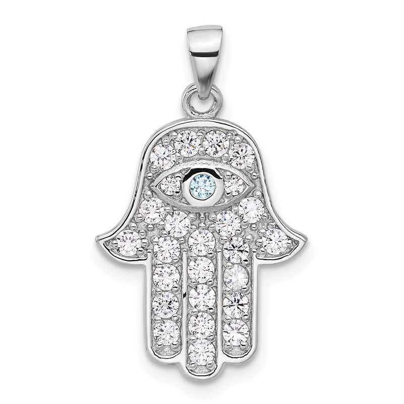 Sterling Silver Rhodium-Plated Blue and White CZ Hamsa Eye Pendant