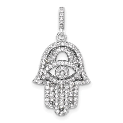 Sterling Silver Rhodium-Plated CZ Evil Eye Hamsa Pendant