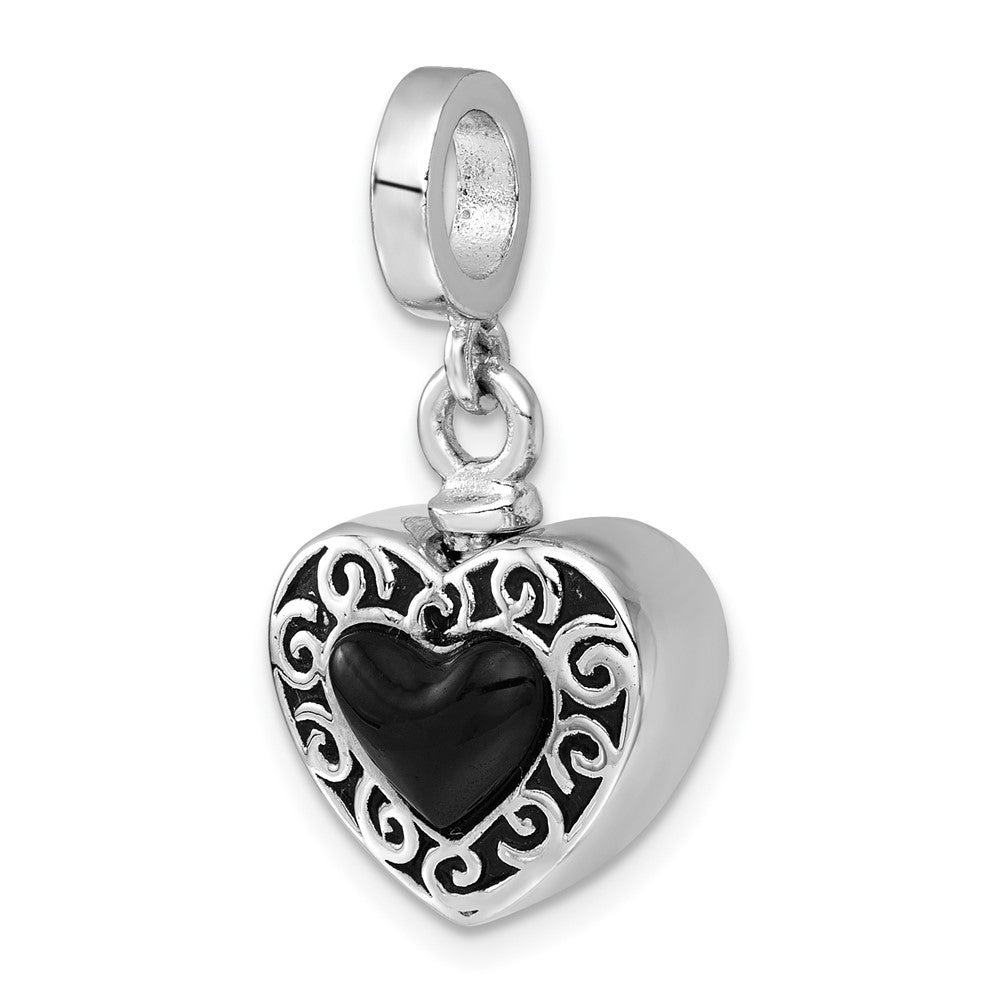 Sterling Silver Rhodium Plated Onyx Enameled Heart Ash Holder Bead/pendant