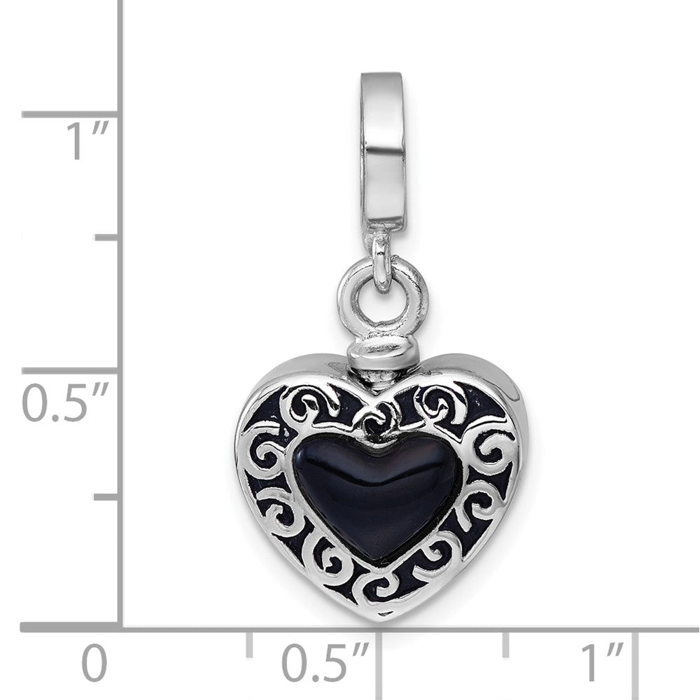 Sterling Silver Rhodium Plated Onyx Enameled Heart Ash Holder Bead/pendant