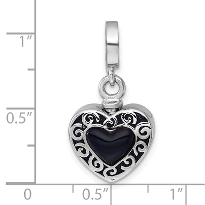 Sterling Silver Rhodium Plated Onyx Enameled Heart Ash Holder Bead/pendant