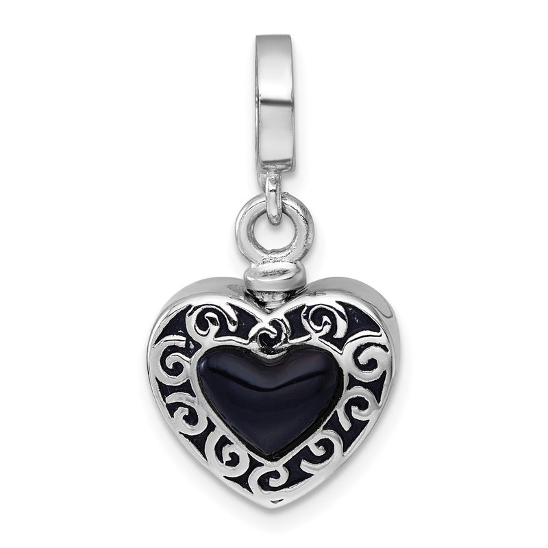 Sterling Silver Rhodium Plated Onyx Enameled Heart Ash Holder Bead/pendant