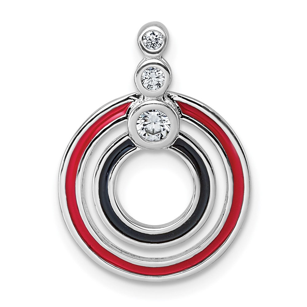 Sterling Silver Rhodium-Plated CZ Black/red Enamel Circle Pendant
