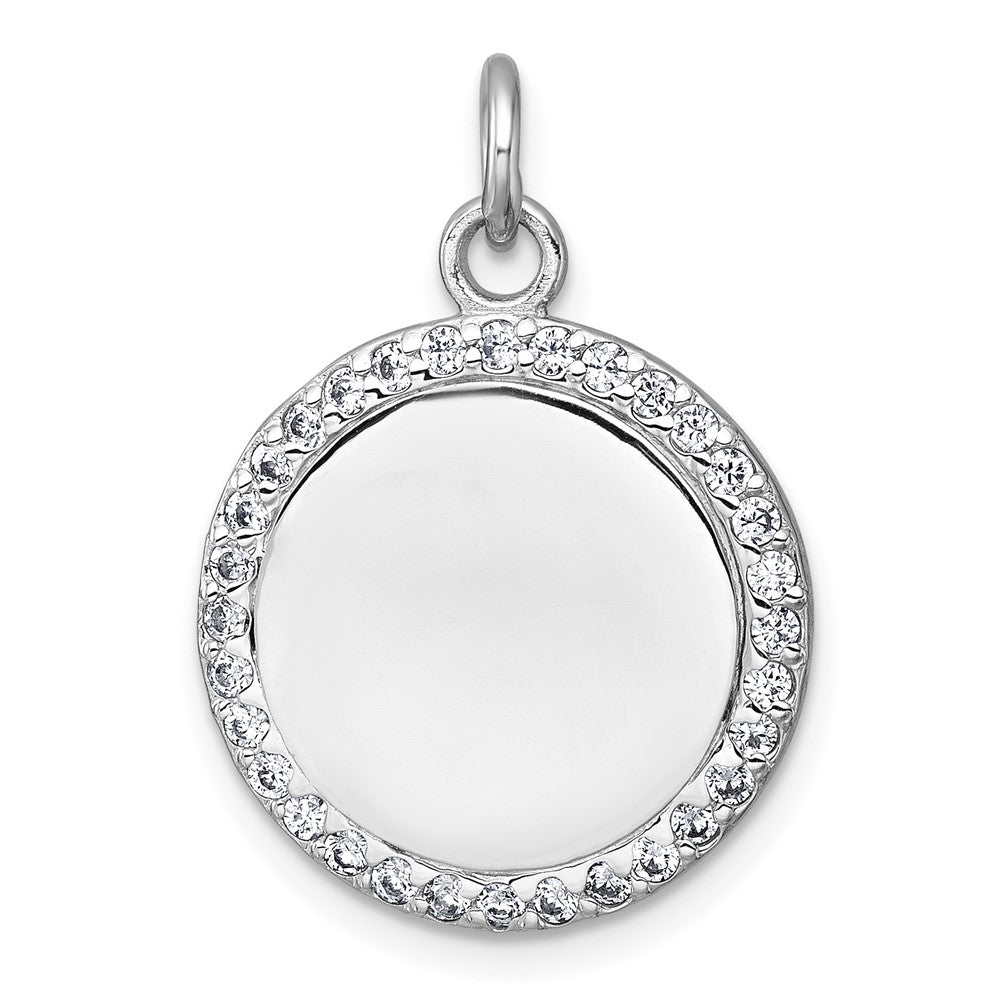Sterling Silver Rhodium-Plated Polished CZ Engraveable Circle Pendant