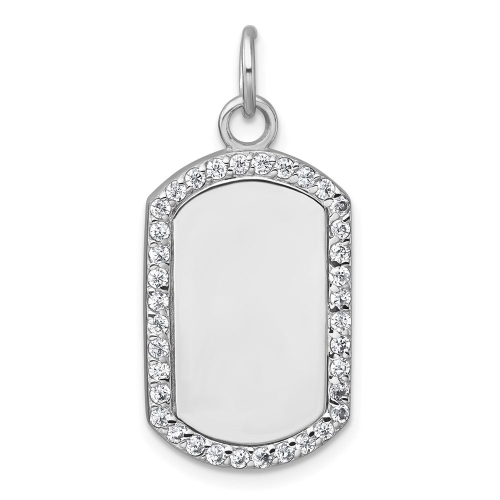 Sterling Silver Rhodium-Plated Polished CZ Engraveable Dog Tag Pendant
