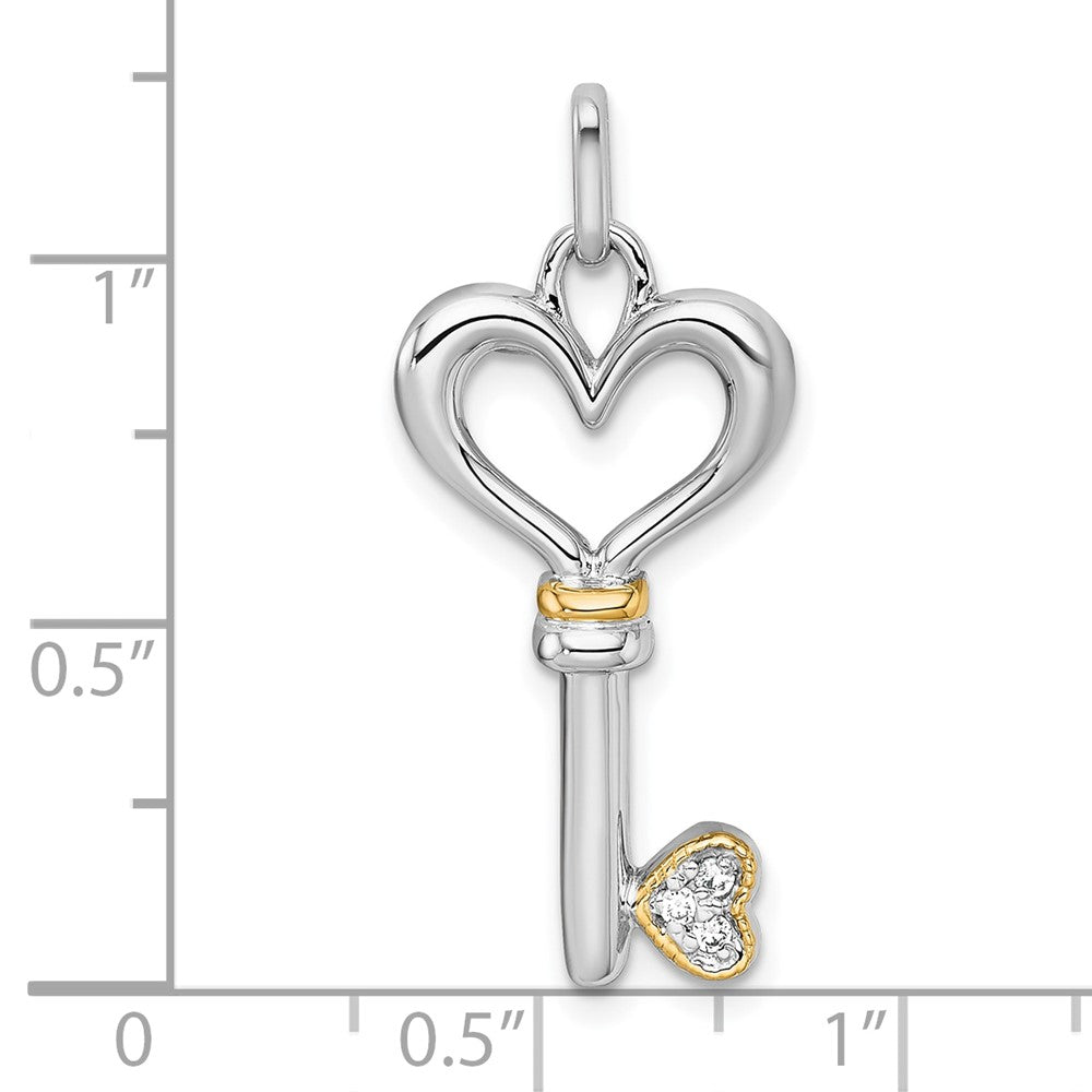 Sterling Silver Rh-Pl w/Silver/14K Two-Tone Accent Polished CZ Heart Key Pendant