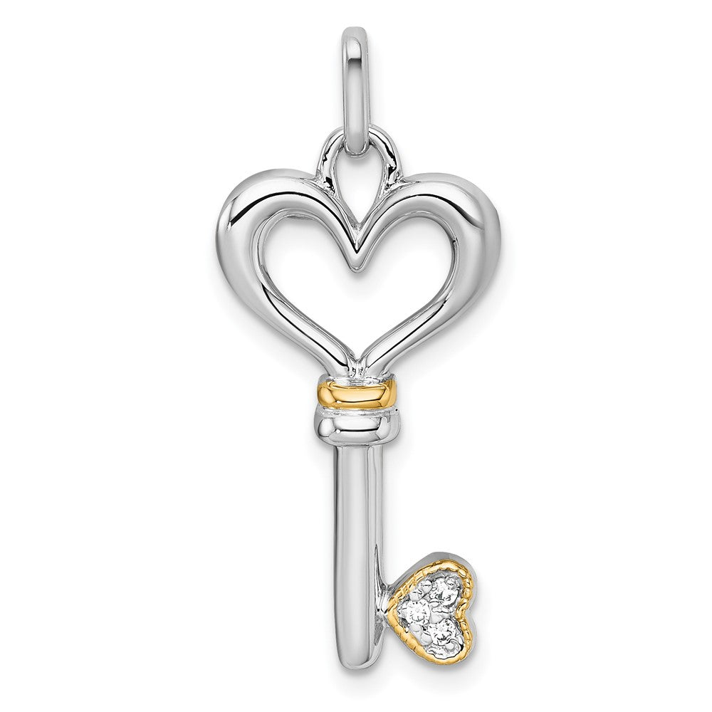 Sterling Silver Rh-Pl w/Silver/14K Two-Tone Accent Polished CZ Heart Key Pendant