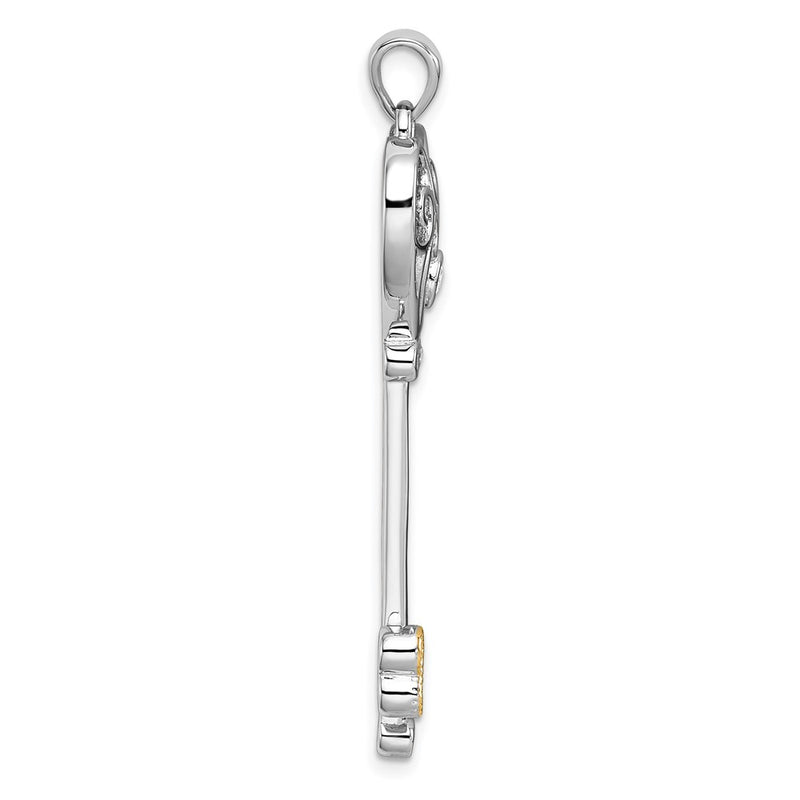 Sterling Silver Rh-Pl w/Silver/14K Two-Tone Accent Polished CZ Fancy Heart Key Pendant