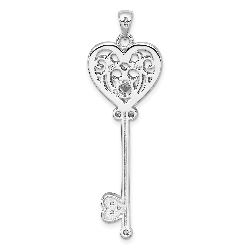 Sterling Silver Rh-Pl w/Silver/14K Two-Tone Accent Polished CZ Fancy Heart Key Pendant