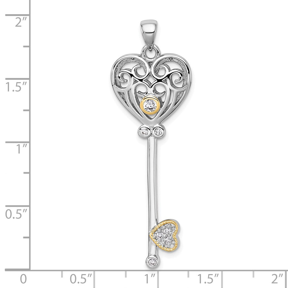 Sterling Silver Rh-Pl w/Silver/14K Two-Tone Accent Polished CZ Fancy Heart Key Pendant